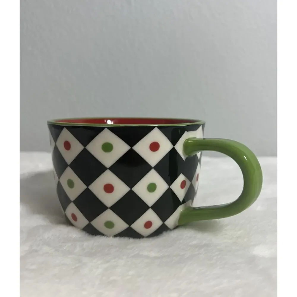 Pier 1 Imports Christmas Stoneware Coffee Mug Cup Harlequin Diamonds Check‎ Dots